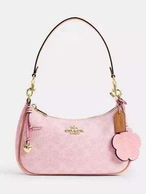 Coach Powder Pink Teri Shoulder Bag with Floral Charm and Gold Logo